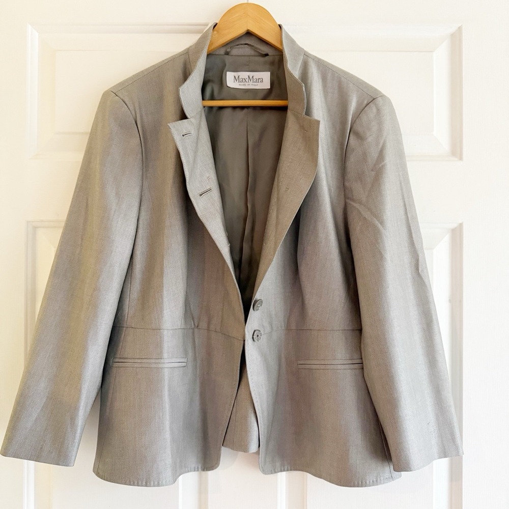 Max Mara Size 16 Women's Silk Wool Blazer Jacket Two Button‎ Gray Career Formal